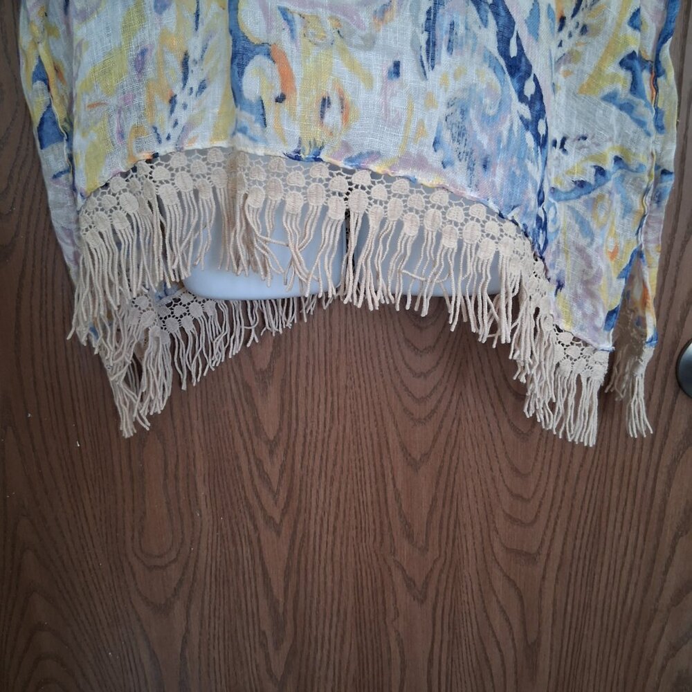 Chico's Linen Tie Dye Poncho V-Neck Fringe Asymmetrical Top S/M Petite Medium - Picture 5 of 7